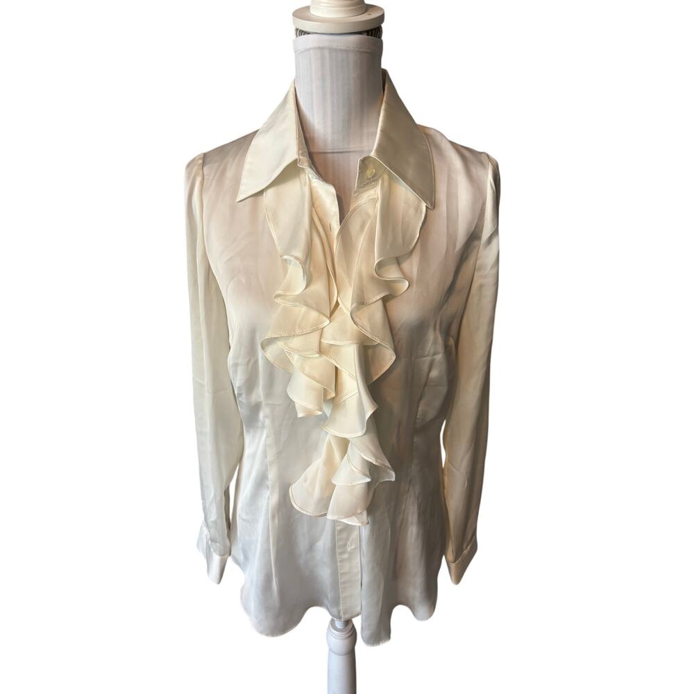 INC international Concepts Cream Ruffle Front Button Up Blouse Size 8